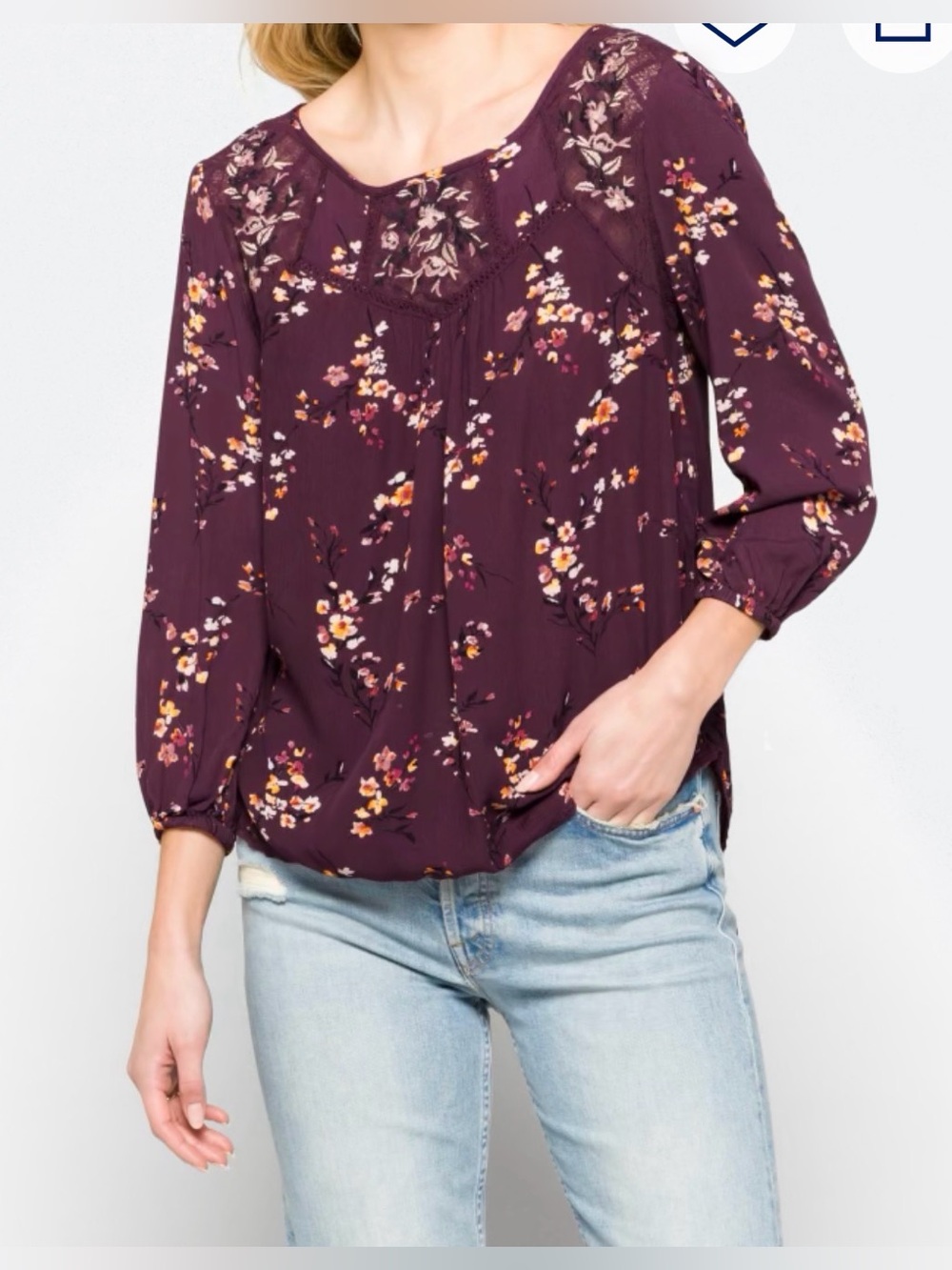 Women's Floral Crochet Yoke Blouse - Plum Floral